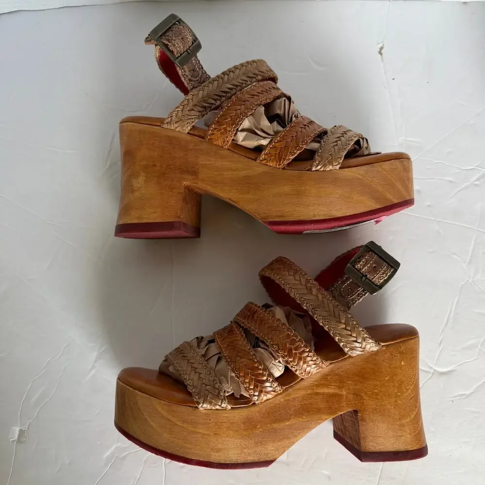 Bed Stu Voicing Braided Leather Platform Sandals Wood Block Heel Tan Clog Sz 6.5